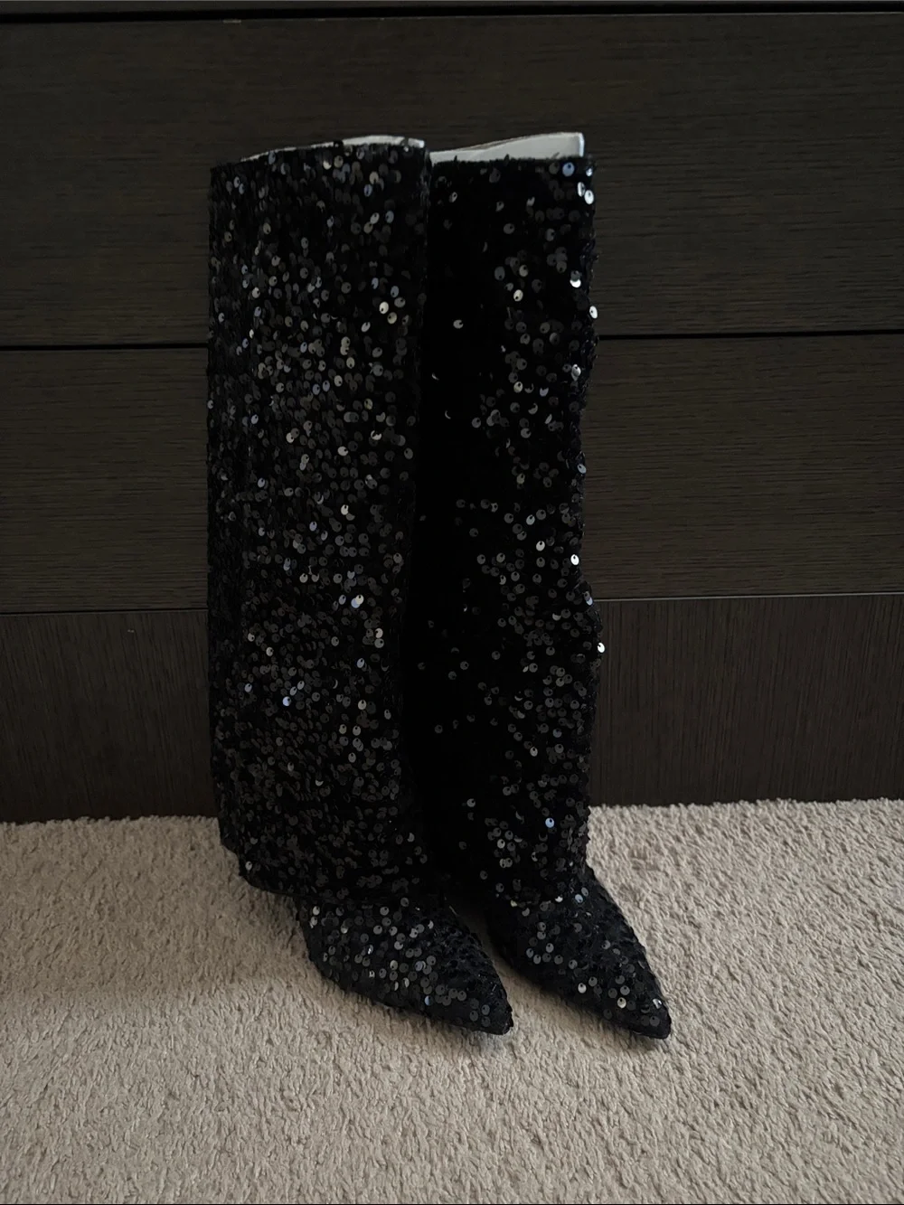 Zara Black Sequin Over-the-Knee Pointed Toe Boots